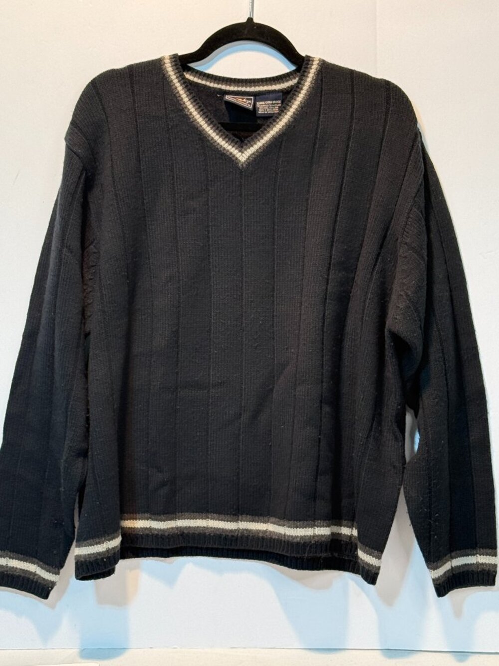 Vintage Route 66 Mens V-Neck Sweater Navy Blue Wool Blend Ribbed Trim XL